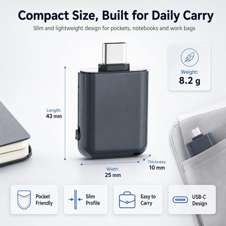 64GB Mini Diktiergerät | DSP Rauschunterdrückung, USB C OTG Wiedergabe, Ein Tasten Aufnahme, Spracha