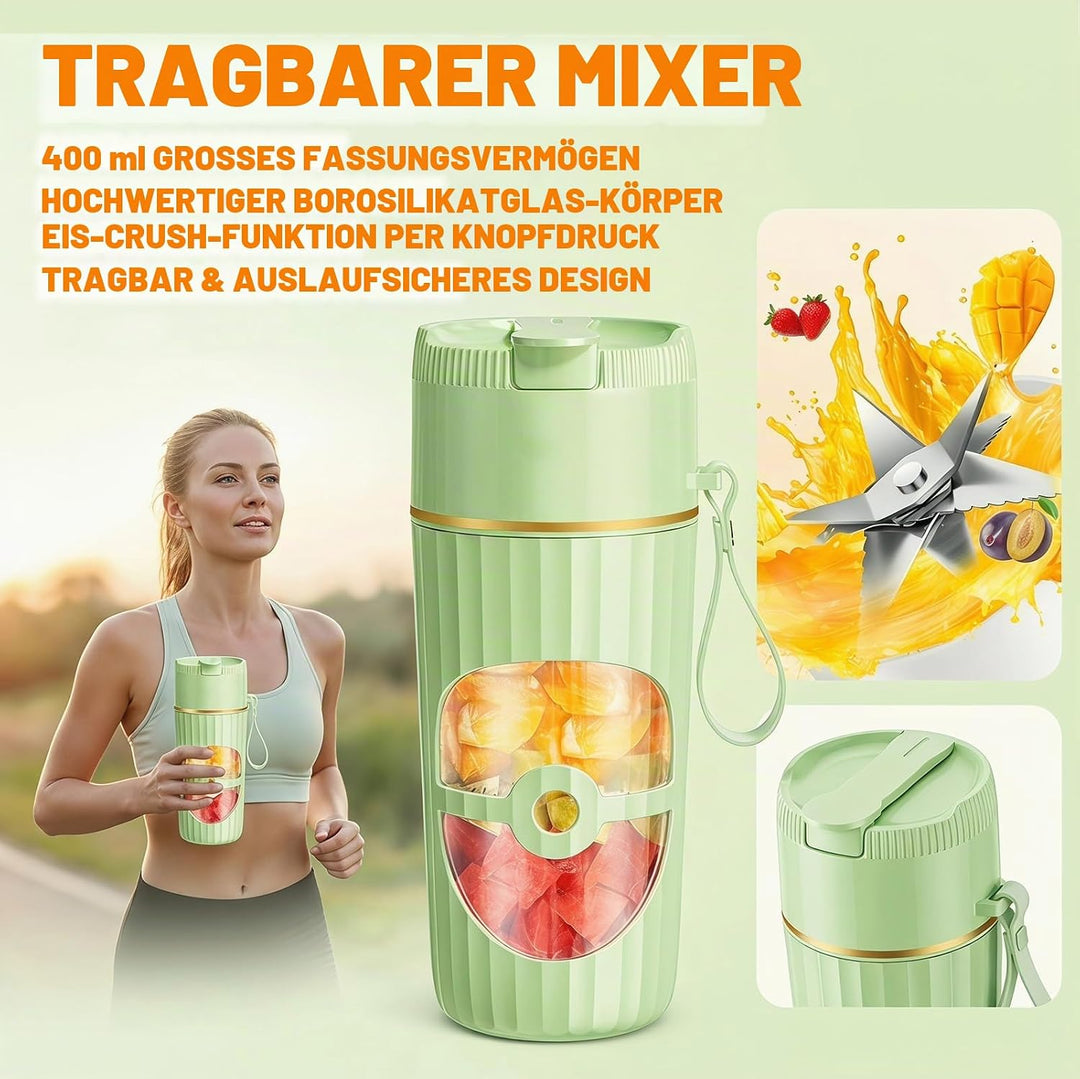 Tragbarer Mixer Smoothie Maker 400ml, Mini Standmixer mit 10 Edelstahlklingen, USB-C Wiederaufladbar
