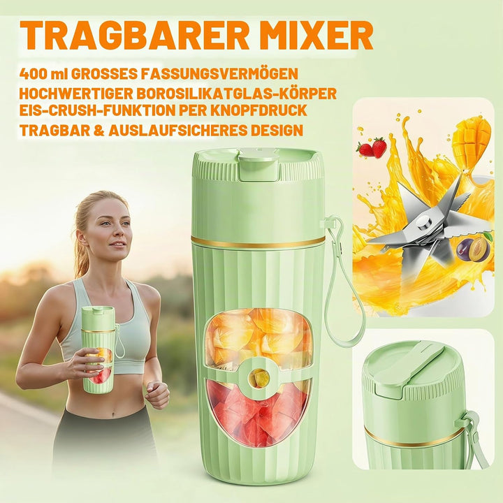 Tragbarer Mixer Smoothie Maker 400ml, Mini Standmixer mit 10 Edelstahlklingen, USB-C Wiederaufladbar