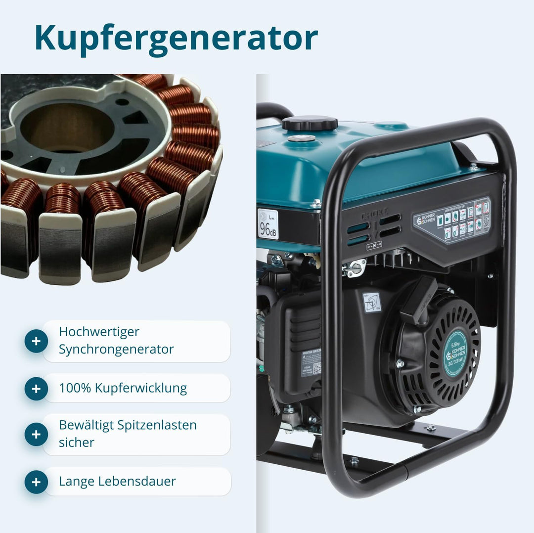 Könner & Söhnen KS 3300i. Benzin-Invertergenerator 3300W, stromerzeuger mit 2xSchuko 230V, notstromg