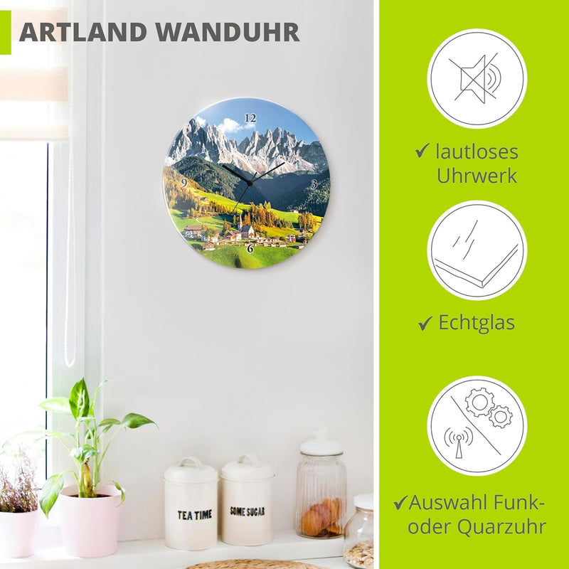 ARTLAND Wanduhr ohne Tickgeräusche Glas Funkuhr Ø 30 cm Rund Lautlos Alpen Landschaft Berge Natur Fr