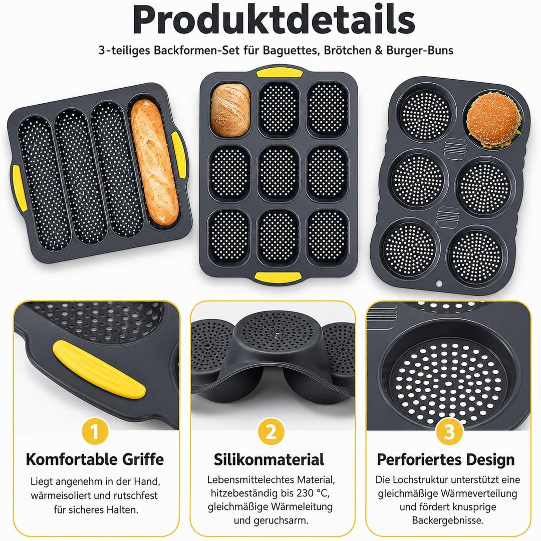 5er Silikon Backformen, 4 6 9 Mulden Burgerform Hot Dog Brötchenform Baguetteform Muffinform mit Tei