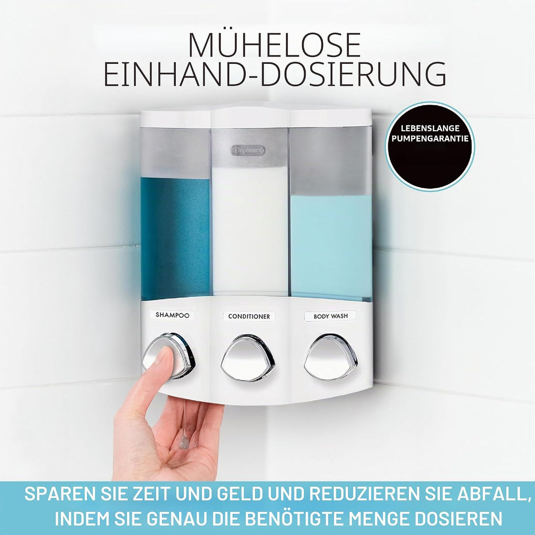 Better Living Seifen-, Duschgel- und Shampoo-Spender, in Chrom-Finish, ABS-Kunststoff, weiss, 3-Cham