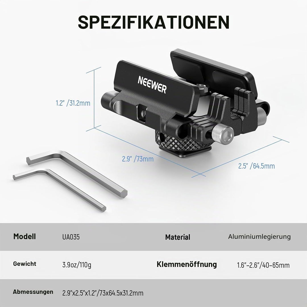 NEEWER Halterung SSD Halterung Aluminium, mit Cold Shoe, Kabelklemme, 1,6"-2,6"/40mm-65mm, kompatibe
