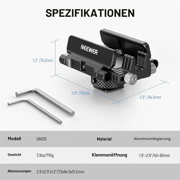 NEEWER Halterung SSD Halterung Aluminium, mit Cold Shoe, Kabelklemme, 1,6"-2,6"/40mm-65mm, kompatibe