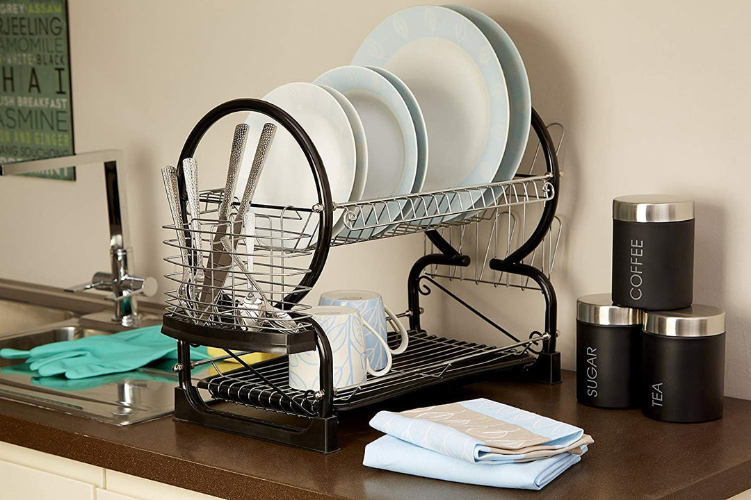 Premier Housewares 509585 2 Tier Dish Drainer, Chrom, 56 x 25 x 39 cm Schwarz, Schwarz