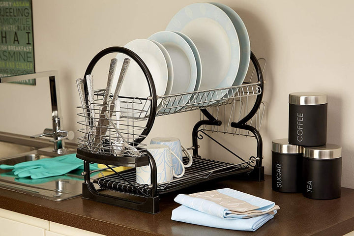 Premier Housewares 509585 2 Tier Dish Drainer, Chrom, 56 x 25 x 39 cm Schwarz, Schwarz