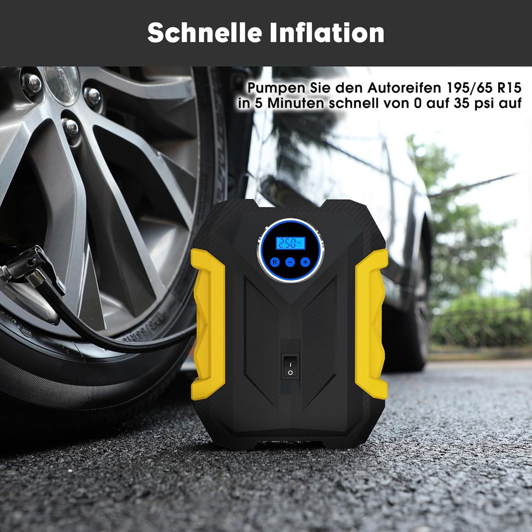 CARSUN Luftpumpe Auto,12V Mobiler Kompressor Auto,150PSI Autoreifen Pumpe mit Reifendruckmesser und