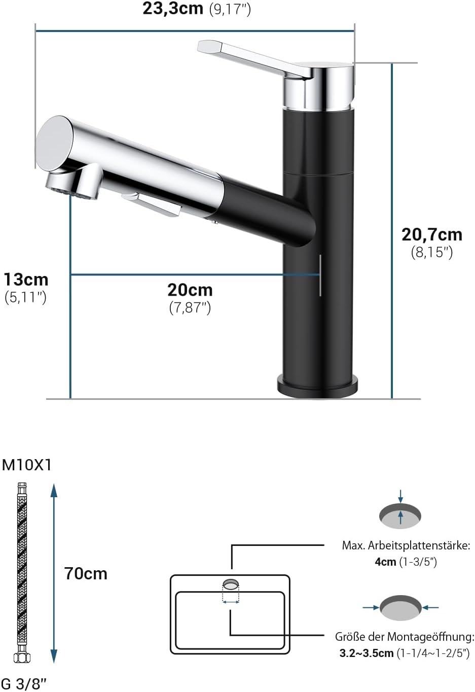 DAYONE Wasserhahn Küche Schwarz und Chrom, Hochdruck Küchenarmatur mit Ausziehbarer Brause, Spültisc