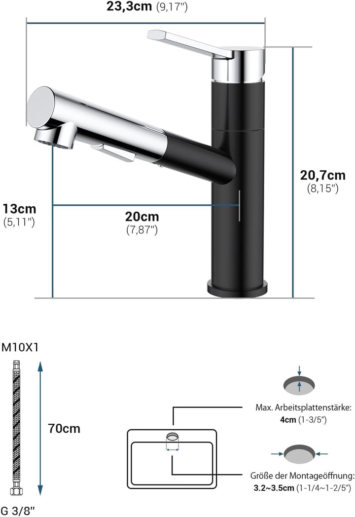 DAYONE Wasserhahn Küche Schwarz und Chrom, Hochdruck Küchenarmatur mit Ausziehbarer Brause, Spültisc