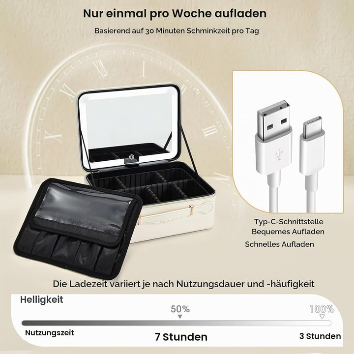 Leder-Kosmetiktasche mit LED-beleuchtetem Spiegel Reise-Kosmetikkoffer Einstellbare Helligkeit in 3