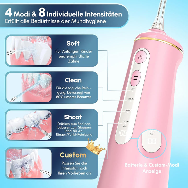 Munddusche Kabellos, Water Flosser for Teeth Mit 4 Modi & 8 Anpassbaren Stufen 7 Düsen 300ML Tank Mu
