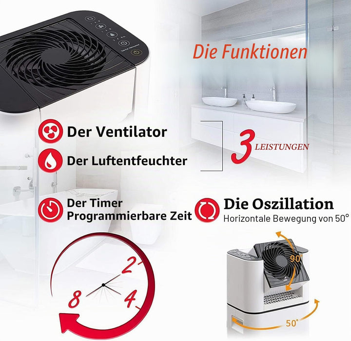 Woozoo, Tragbarer 2-in-1 Luftentfeuchter & oszillierender Ventilator, 21m², 590W, Wassertank 2.5L, T
