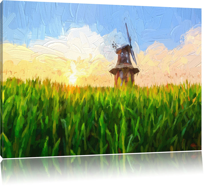 Pixxprint Windmühle auf dem Feld als Leinwandbild/Grösse: 100x70 / Wandbild/Kunstdruck/fertig bespan