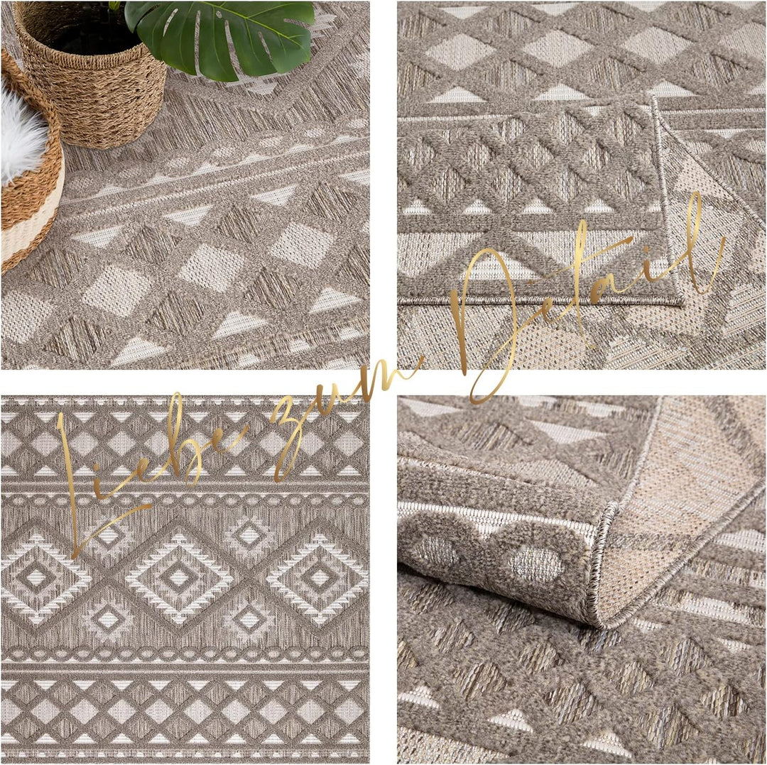 payé Teppich Wohnzimmer - Boho Braun 200x290cm - Raute Ornamente - Ethno Teppiche für Balkon Terrass