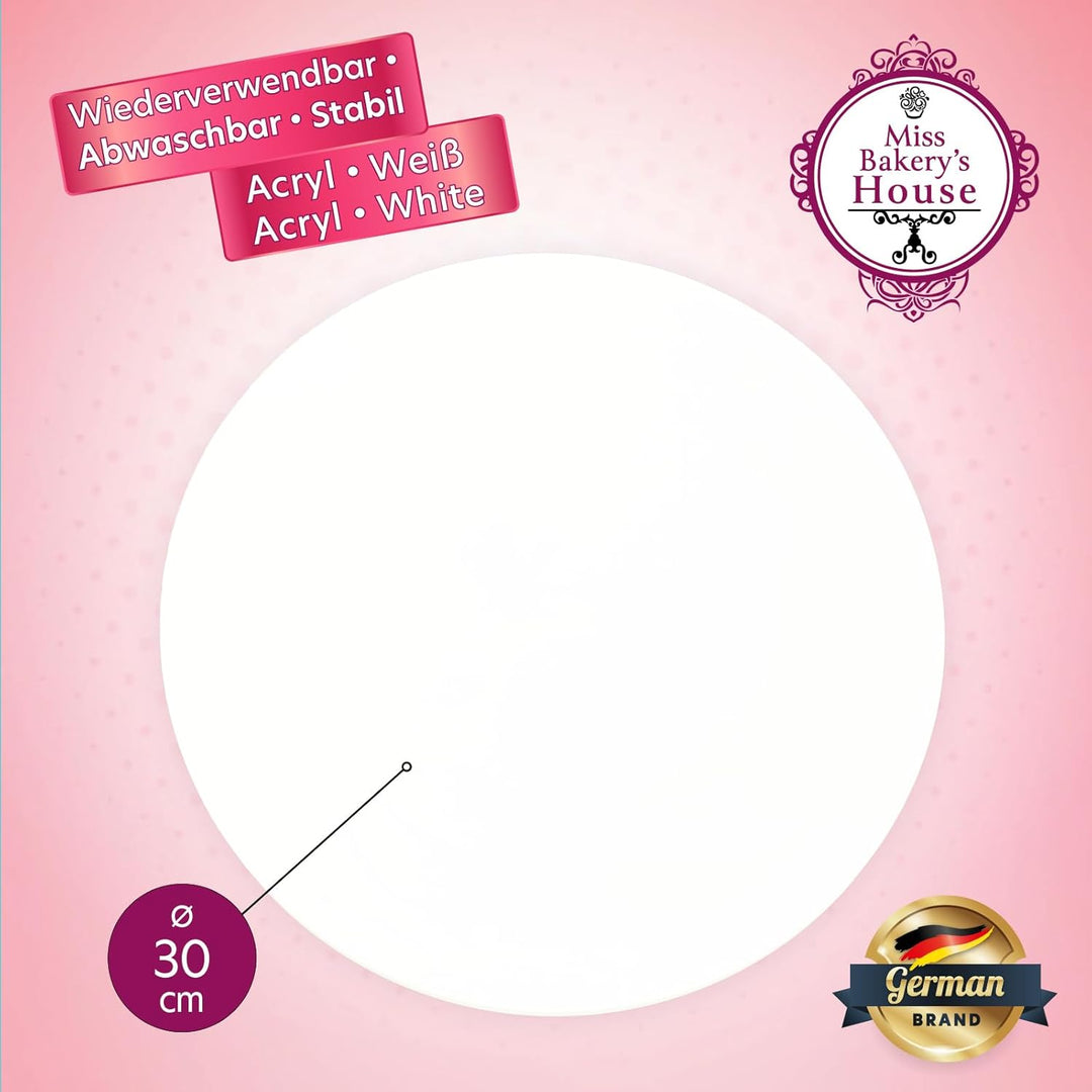 Miss Bakery's House® Cake Board | Acryl | Ø 30 cm | wiederverwendbar | runder Tortenständer, Ø