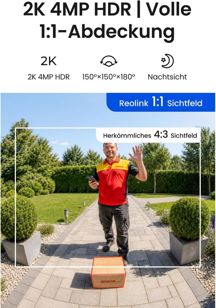 Reolink Video Doorbell (2. Gen), 2K 4MP Akku Türklingel mit Kamera, 1:1 Kopf‑Fuss‑Ansicht, Kabellose