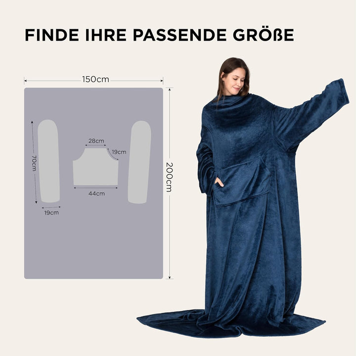 BEDSURE Decke mit Ärmeln als Geschenke für Frauen - Kuscheldecke mit Ärmeln Blau Erwachsene Ärmeldec