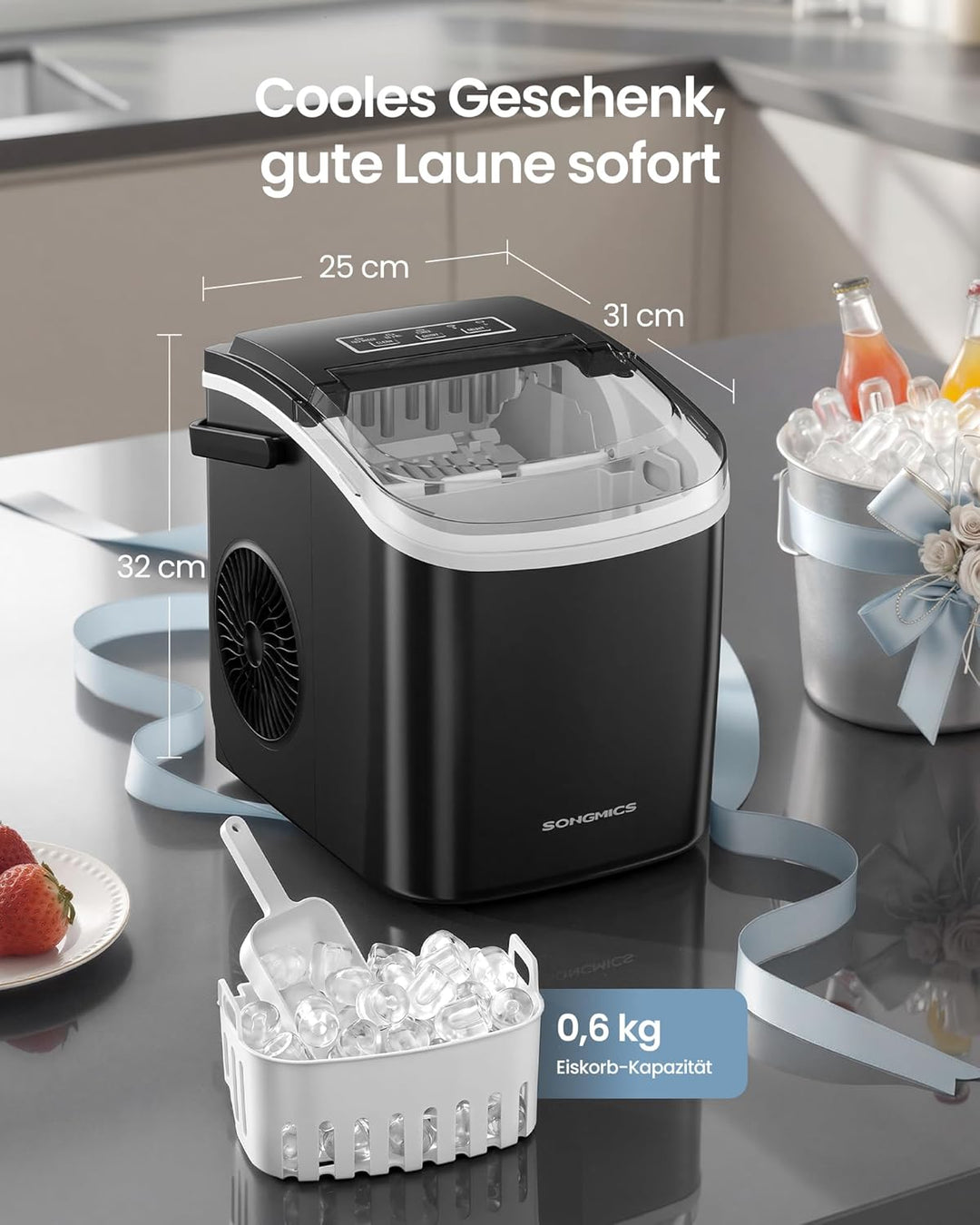 SONGMICS Eiswürfelmaschine, Eiswürfelbereiter, Eismaschine mit Selbstreinigung, in 6 Minuten 9 Würfe