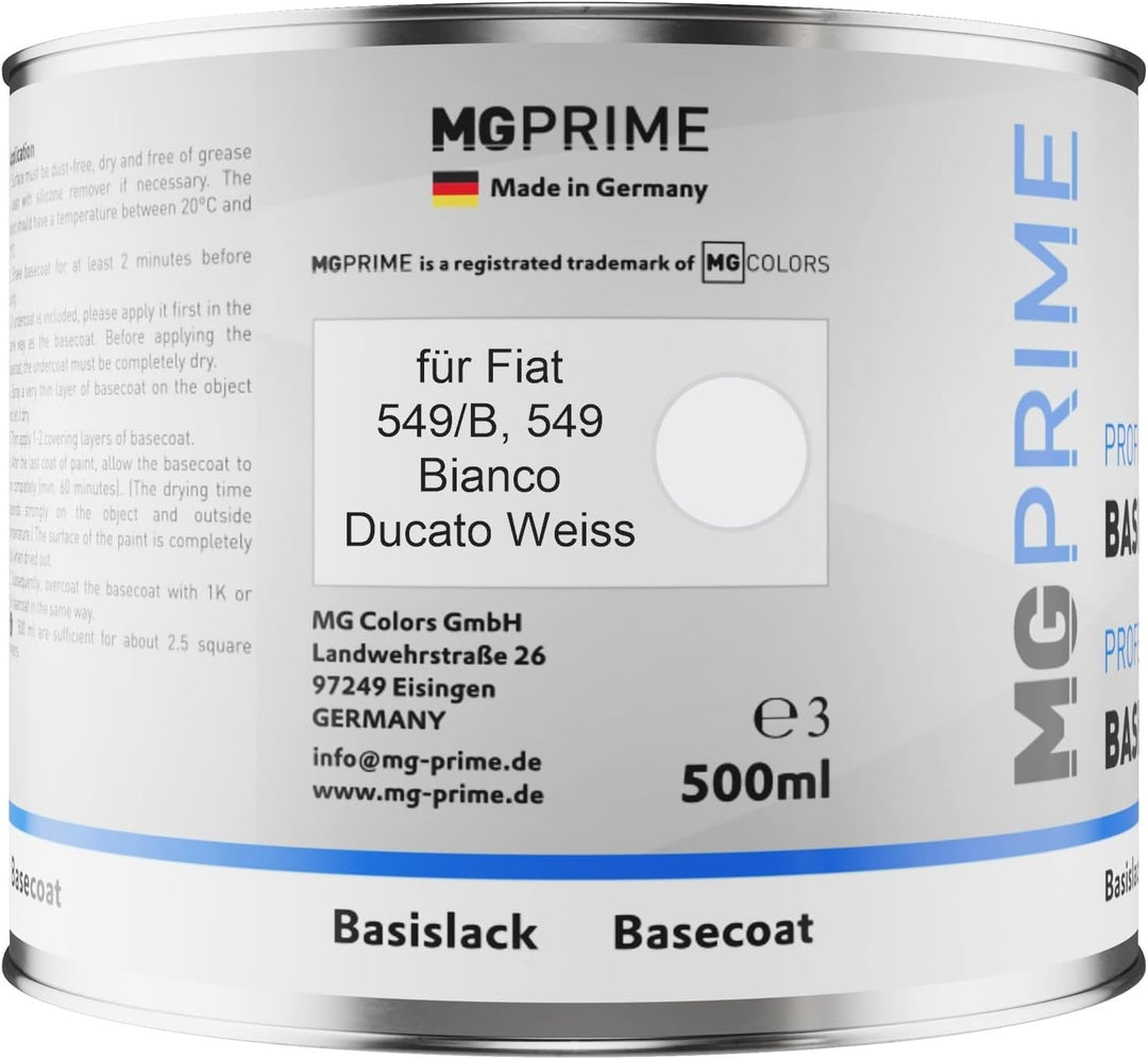 MG PRIME Autolack Set Dose spritzfertig für Fiat 549/B / 549 Bianco/Ducato Weiss Basislack + 2K Klar