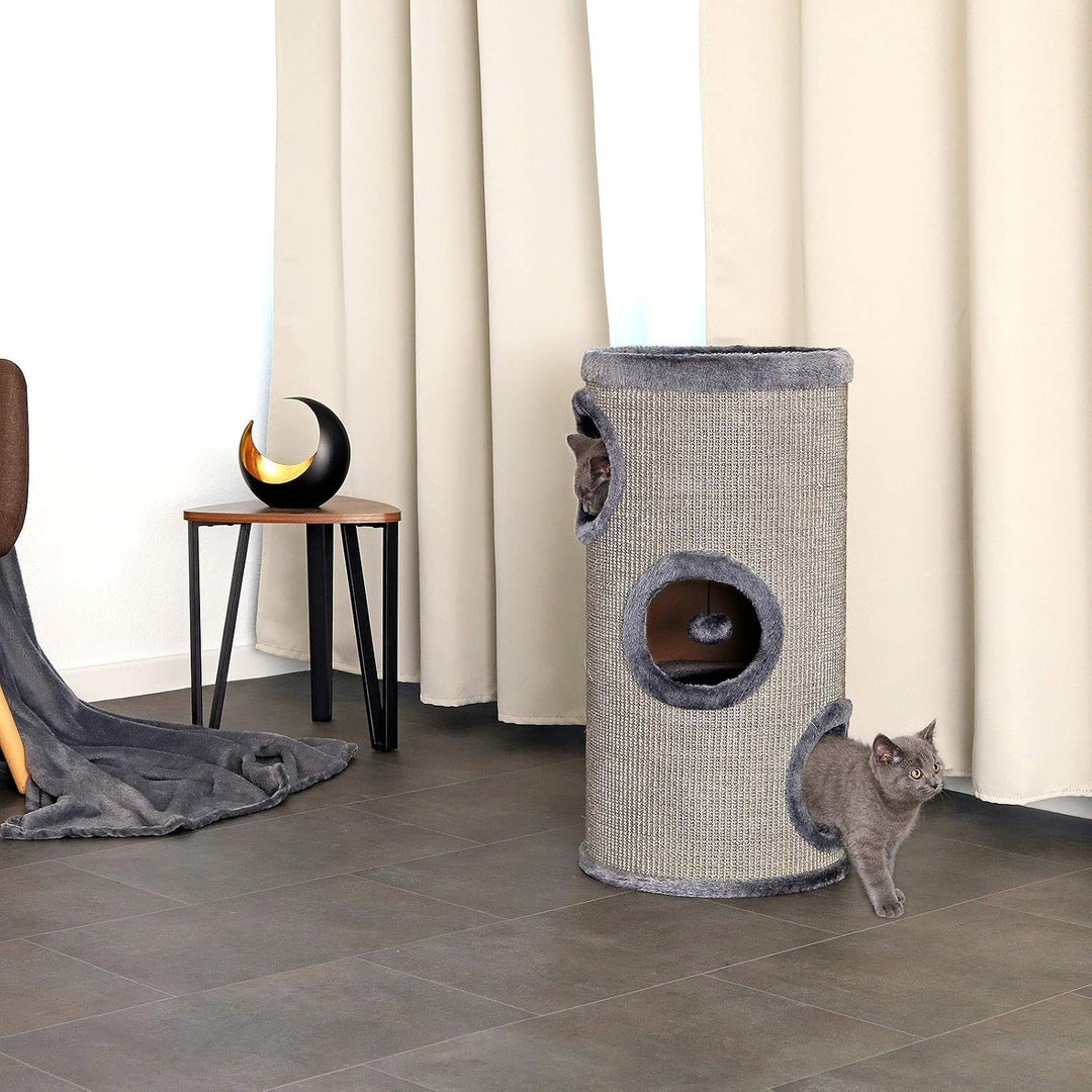 lionto Kratztonne aus Sisal mit Spielball &amp; Plüschrand, Höhe 70 cm, Grau | Stabiler Kratzbaum für kl