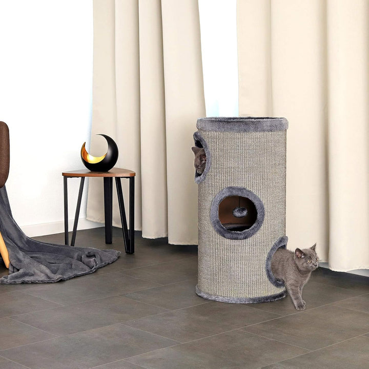 lionto Kratztonne aus Sisal mit Spielball &amp; Plüschrand, Höhe 70 cm, Grau | Stabiler Kratzbaum für kl