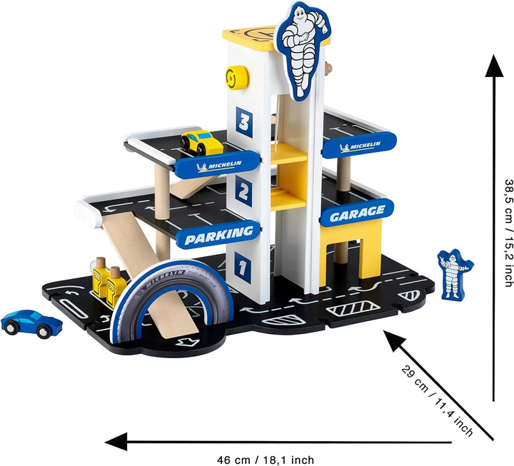 Klein Theo 3404 Michelin Parkhaus mit 3 Ebenen, Holz | Parkgarage inkl. 2 Autos u.v.m. | Kompatibel