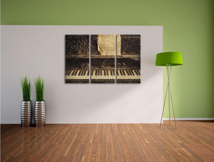 Pixxprint Antikes Klavier mit Notenblatt Pinsel Effekt 3-Teiler Leinwandbild 120x80 Bild auf Leinwan