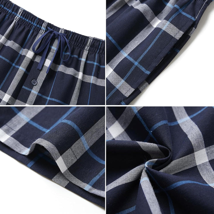 Herren 100% Baumwolle Pyjamahose, Gewebte kariert Schlafhose Loungewear Pyjama Hose mit Taschen, S B