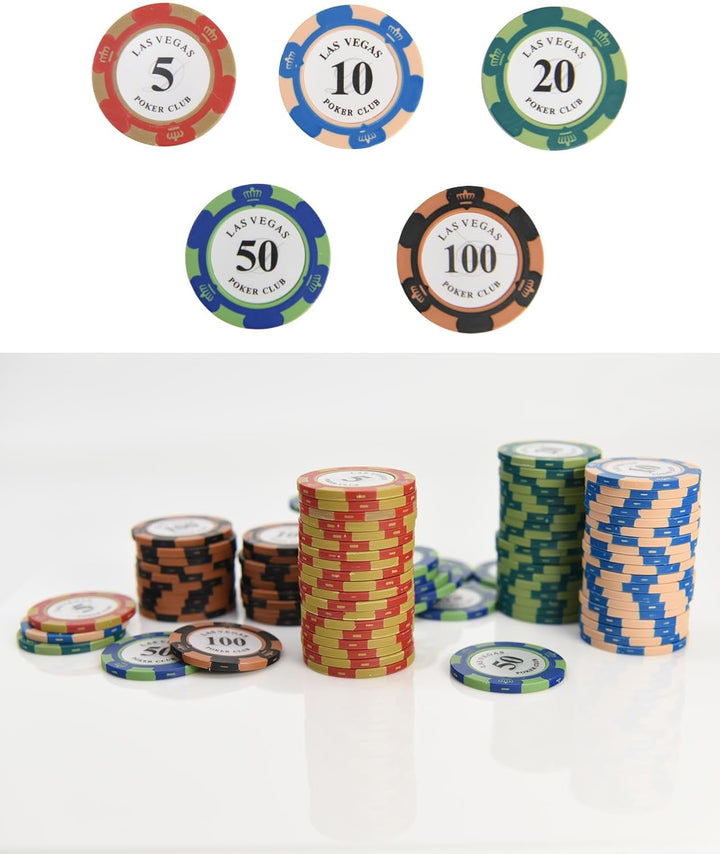 Pokerchip-Set mit 100 Tonchips mit Nennwert, geeignet für Blackjack und Casinospiele, 20 Chips pro N