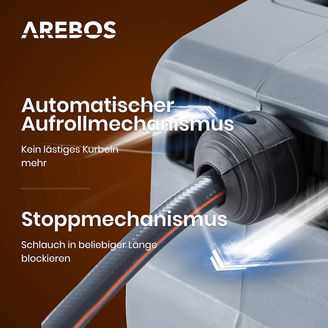Arebos Schlauchaufroller | 20 m Schlauchtrommel | Wand-Schlauchbox mit Arretierstop &amp; 9 Sprühunktion