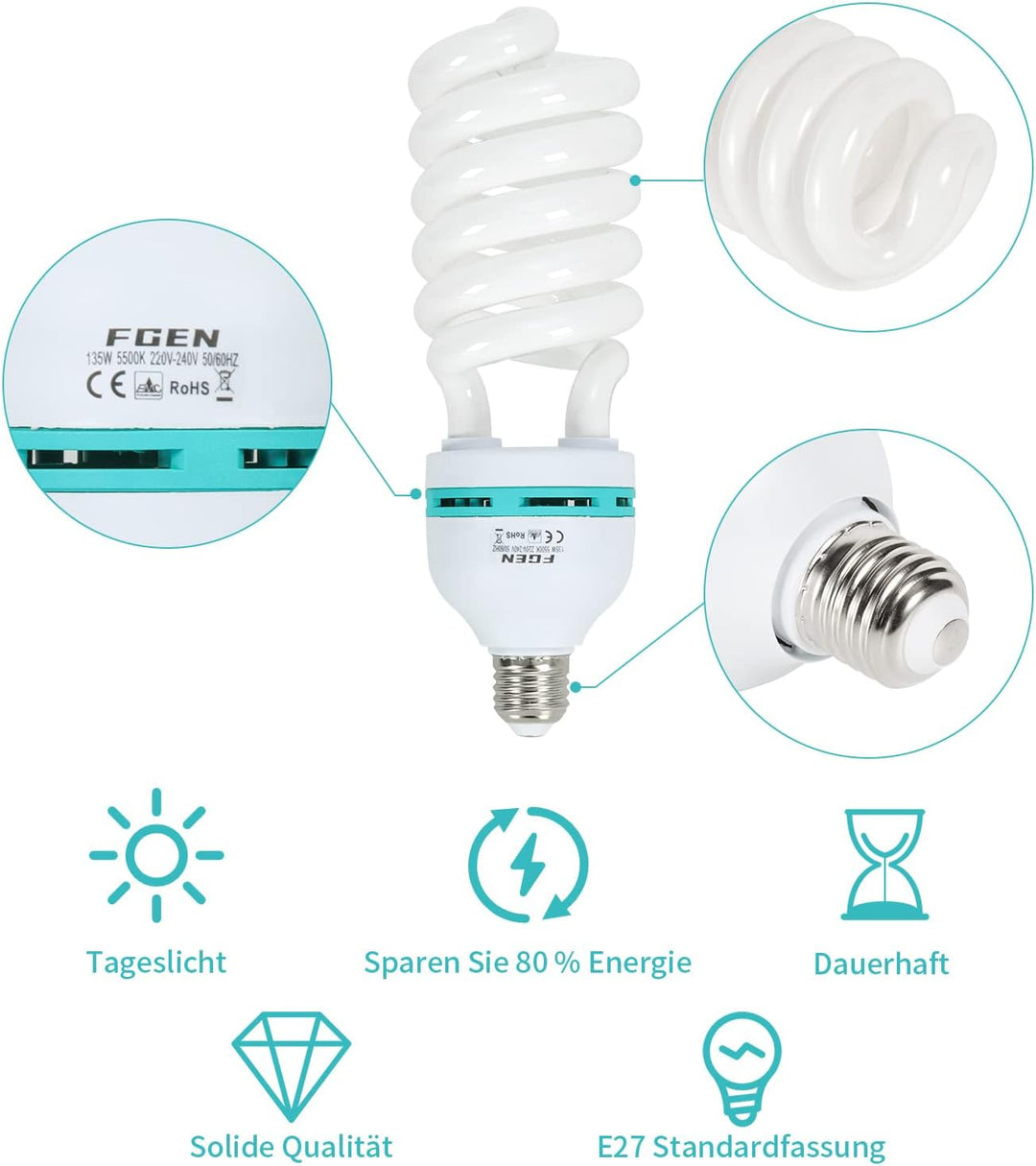 2X135W CFL Fotolampe 5500K Fotoleuchte mit E27 Stecker,FGen Studioleuchte Energiesparende 10000 Stun
