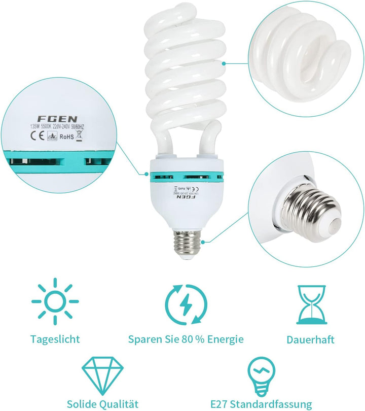 2X135W CFL Fotolampe 5500K Fotoleuchte mit E27 Stecker,FGen Studioleuchte Energiesparende 10000 Stun
