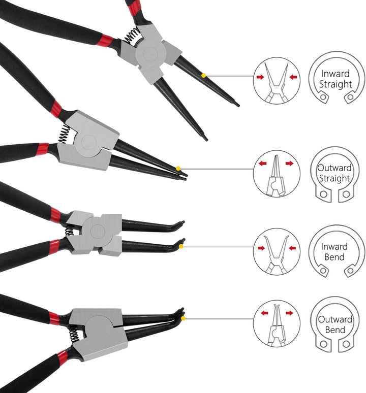 Sprengringzangen Set, 4 Stück 180mm Sicherungsringzange Interne und Externe, Kieferautomotive Werkze