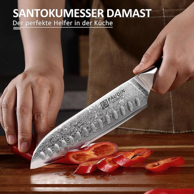 PAUDIN Santokumesser Damastmesser 17 cm, Ultra Scharfes Kochmesser aus 67 Lagen Damaststahl mit japa