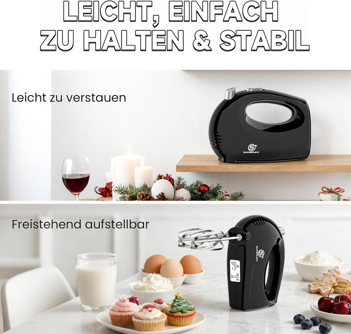 Handmixer 250W Handrührgerät 5 Geschwindigkeiten Mit 2 Edelstahl Rührbesen Ergonomischer Griff Ein K