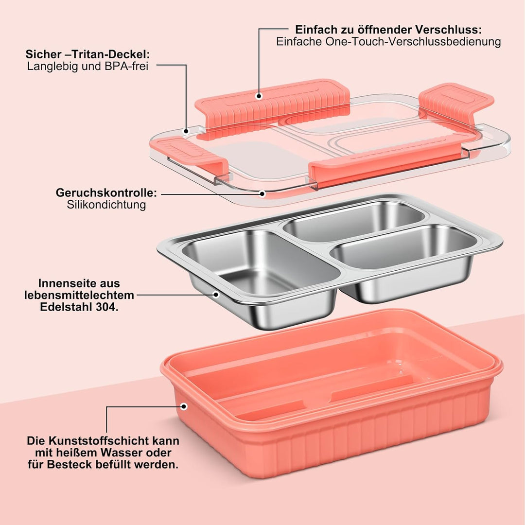 Edelstahl Brotdose Kinder 900ml Metall Bento Lunchbox,Brotdose mit 3 Trennfächern,Bento Lunch Box Ki