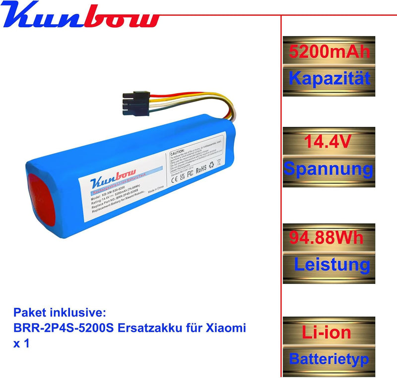 Kunbow 5200mAh Li-ion akku,Ersatzakku für Xiaomi Roborock S5,S6,S7, S50,S51,S60,S55,S65,S70,S75 Robo