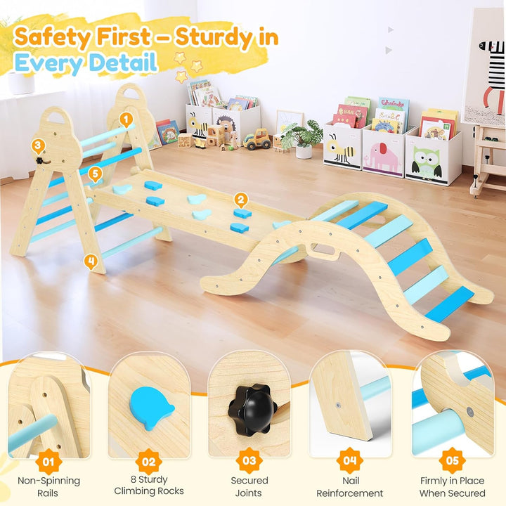 7-in-1 Montessori Klettergerüst Indoor, Kletterdreieck mit Rutsche & Kletterbogen, stabiles Holzklet