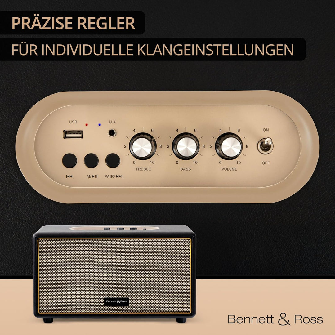 Bennett & Ross BB-860BK Blackmore - Retro Bluetooth Lautsprecher in Lederoptik - Vintage Speaker mit