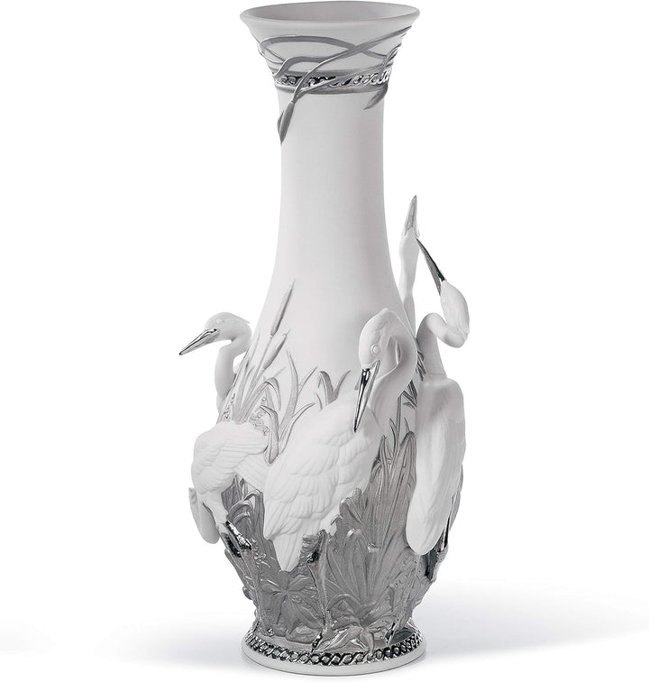 LLADRÓ Vase Königsreiher. Silber. Vase. Porzellan.
