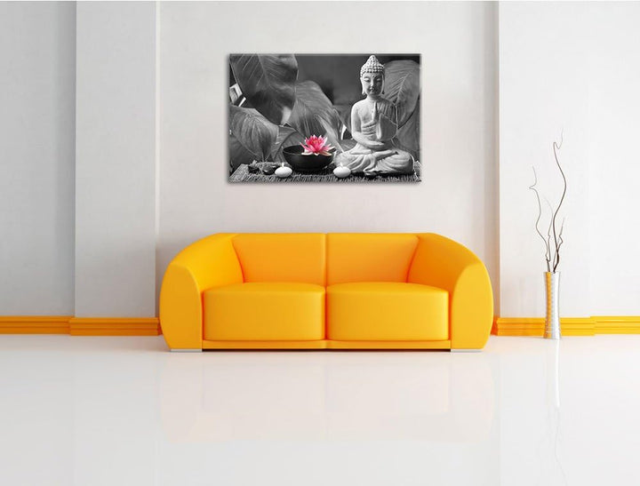 Buddha mit Seerose schwarz/weiss Format: 100x70 auf Leinwand, XXL riesige Bilder fertig gerahmt mit