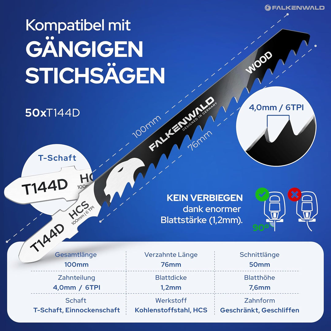 FALKENWALD® Stichsägeblätter Holz 50x T144D - High Speed Wood - 100 mm Länge, 4 mm Zahnteilung - Für
