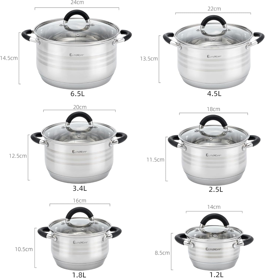 EliteHoff Topfset Induktion 12-teilig, Kochtopf Set mit Glasdeckeln und Silikongriffen, 7-lagiger Ed