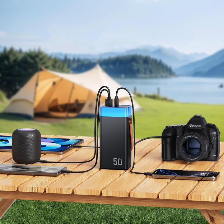 Powerbank 50000mAh mit Kabel, 22,5W PD USB-C Schnellladegerät, Externer Akku mit 3 integrierten Kabe
