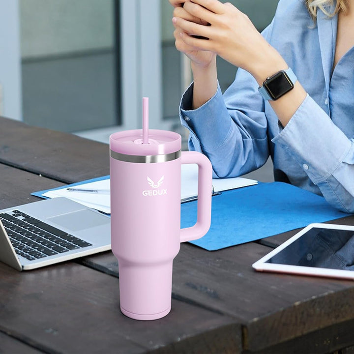 Trinkflasche mit Strohhalm 1.2L - Thermobecher mit Henkel auslaufsicher - Doppelwandige Vakuumisolie