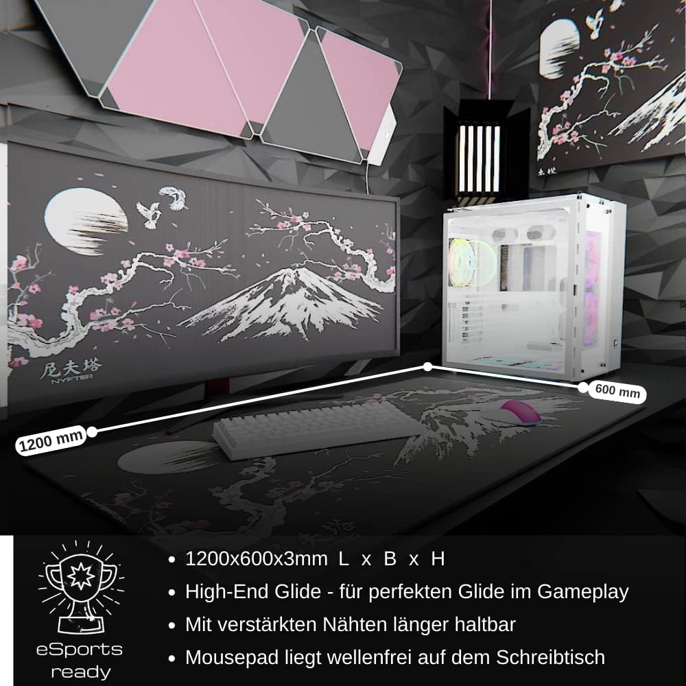 Nyfter - 3XL Gaming Mauspad Sakura Schwarz 1200 x 600mm Premium Fuji Mousepad Size Gross vernähte Ka