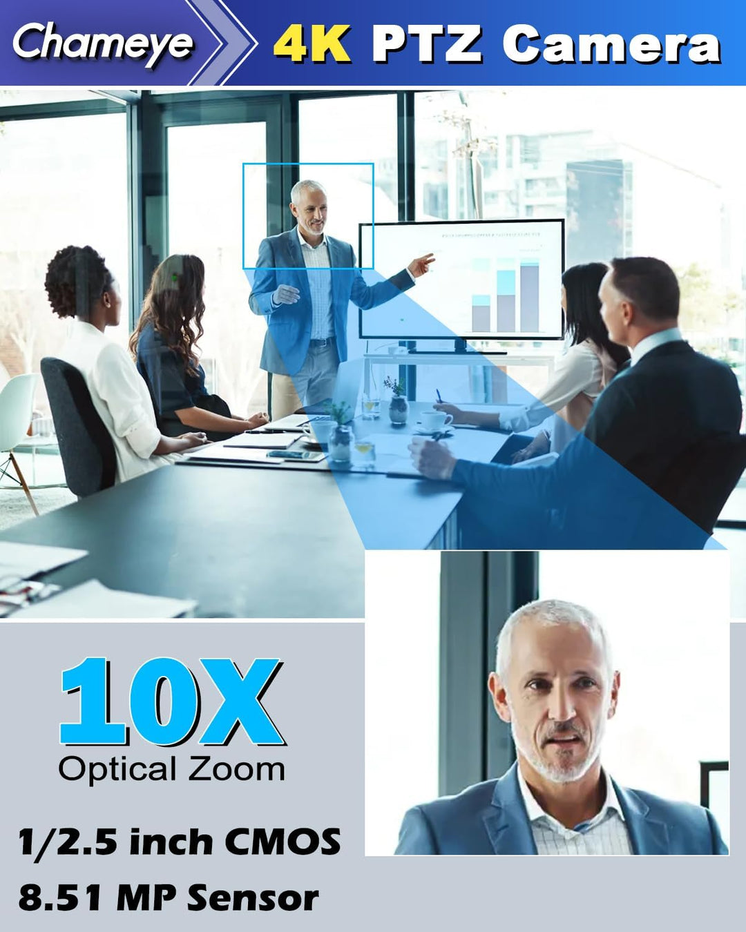 Chameye 4K PTZ Kamera mit KI-Auto-Tracking 10x Optischer Zoom, Konferenzkamera 4K mit HDMI, LAN(PoE)