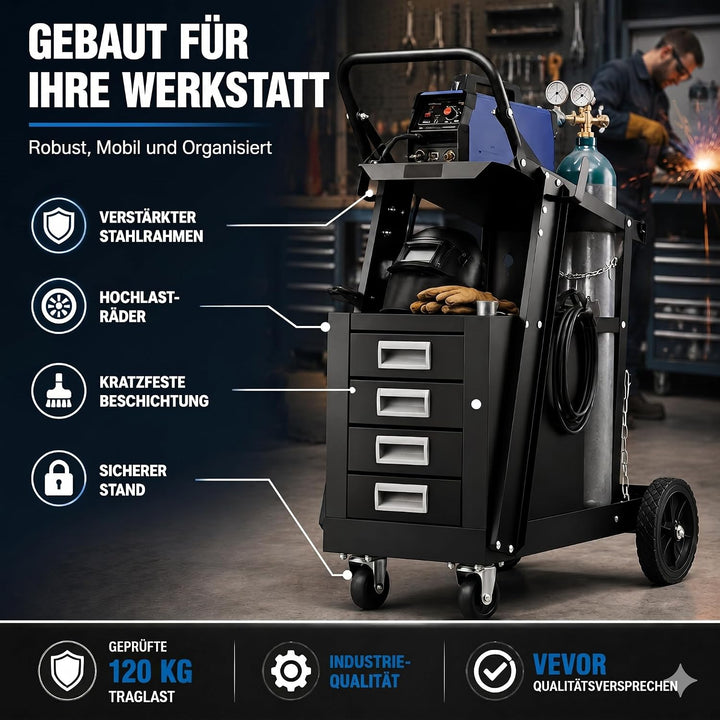 WERKTHOR Schweisswagen 100 kg Tragkraft - Schweisstisch mit 4 Schubladen inkl Gashalterung mit Siche