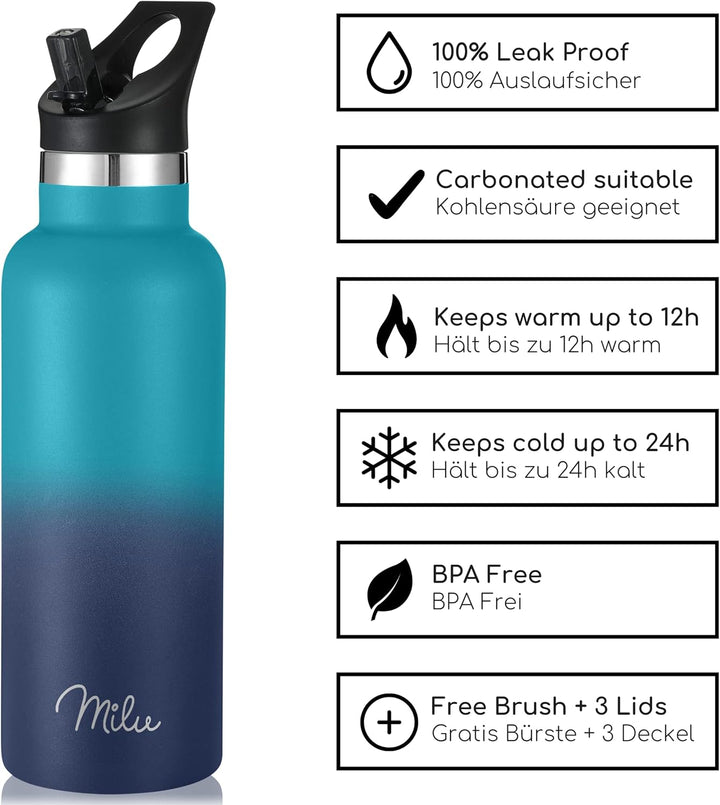 Milu Edelstahl Trinkflasche 500ml, 750ml, 1000ml (+3 Deckel) - Thermosflasche mit Strohhalm, Isolier